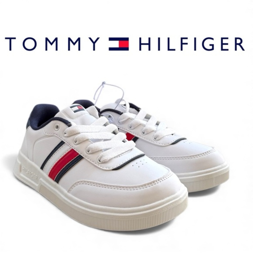 Tommy Hilfiger Kids White Sneakers with Red and Blue Stripes